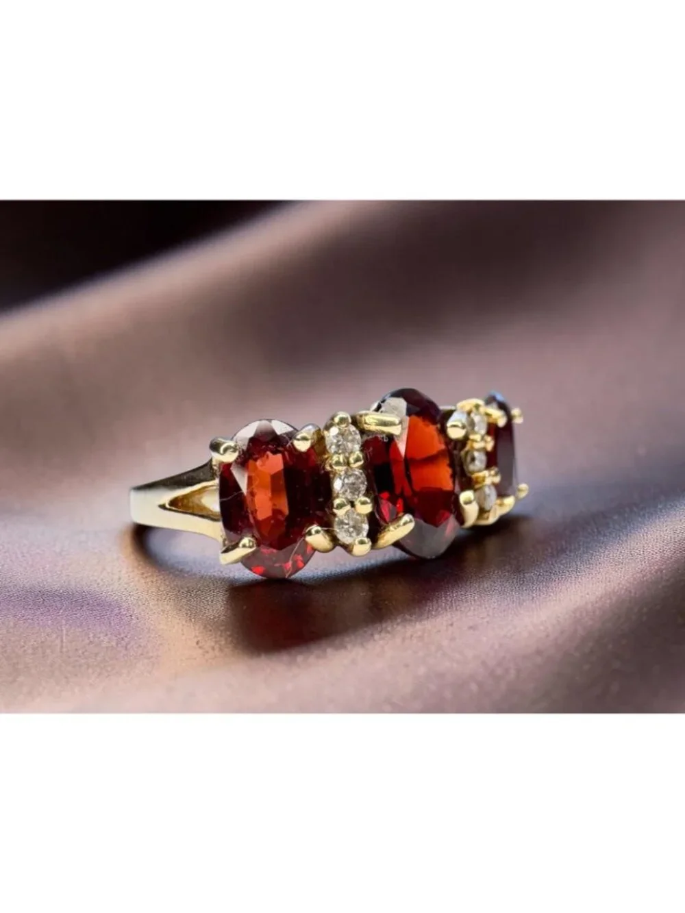 10K Gold Natural Indian Garnet & Diamond Ring 2cttw Three Stone Ring Size 4.5